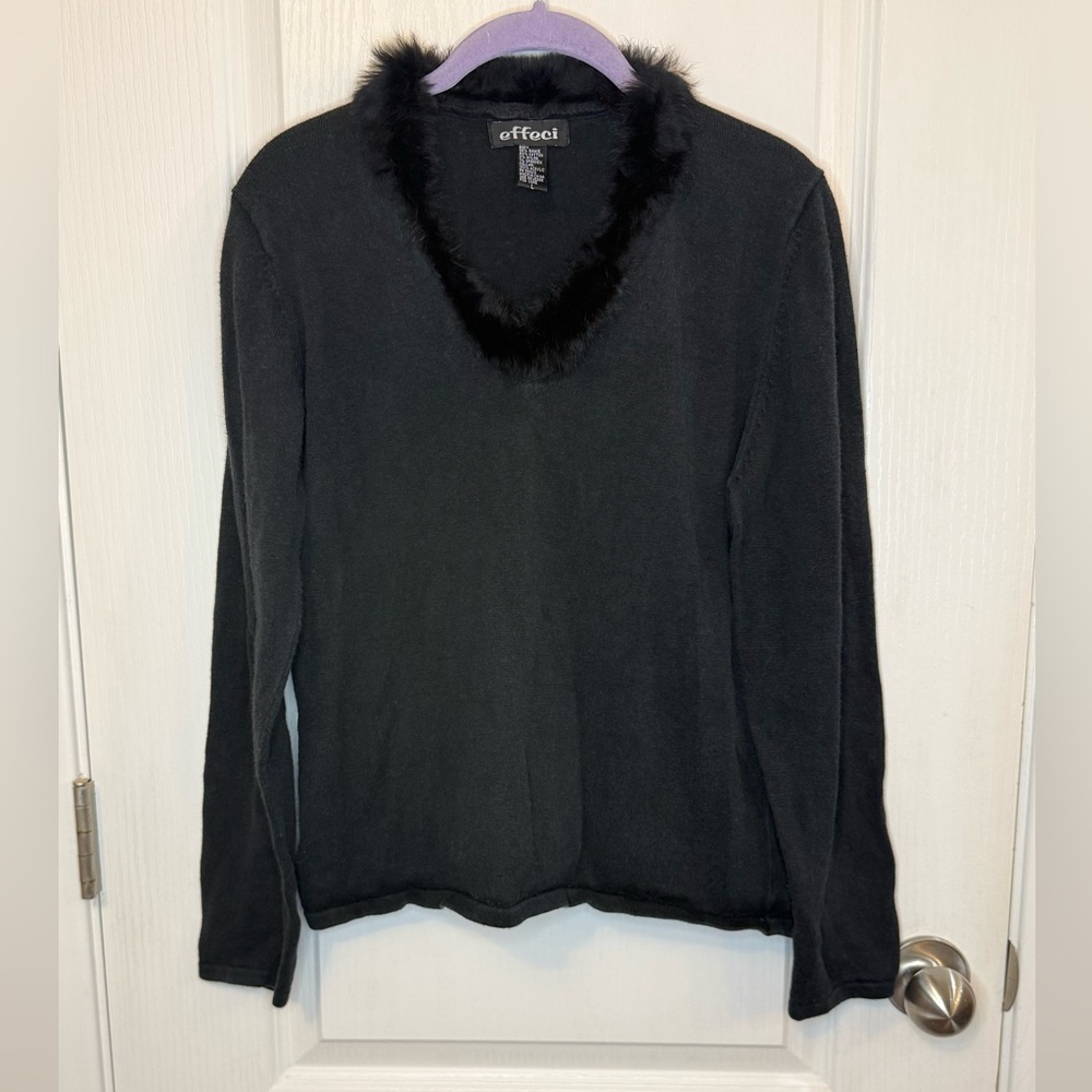 Vintage Effeci Black V-Neck Sweater with Faux Fur Trim